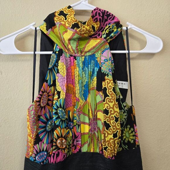 TRINA TURK Ibis Silk Scarf Halter Sheath Dress Black Vibrant Multicolor Size 2 - Picture 8 of 16